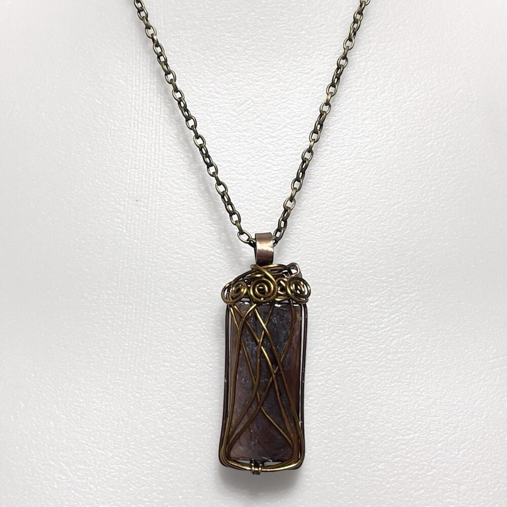 Wire Wrap Glass Pendant Necklace Antiqued Copper Bronze Tone Caged Coil Chunky
